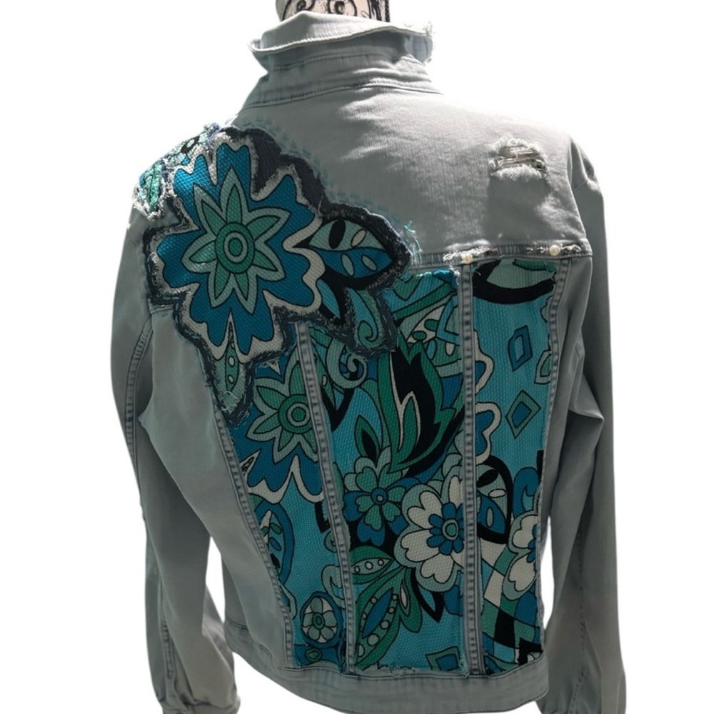 Upcycled one of a kind light denim tribal jean jacket XXL